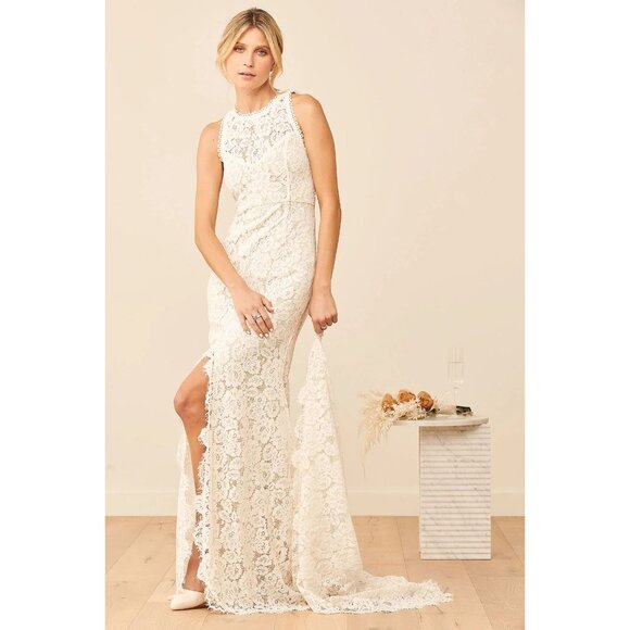 Lulus Small White Lace Sleeveless Bridal Gown With Open Back & Train NEW - Picture 2 of 12